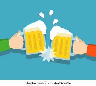 Two hands holding beer glasses. Concept of Beer Festival. Flat vector illustration.