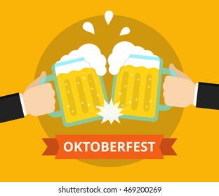 Two hands holding beer glasses. Concept of Beer Festival. Flat vector illustration.