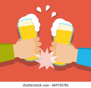 Two hands holding beer glasses. Concept of Beer Festival. Flat vector illustration.