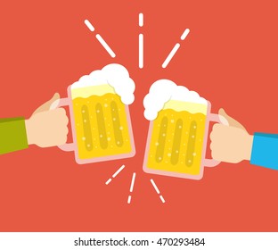 Two hands holding beer glasses. Concept of Beer Festival. Flat vector illustration.