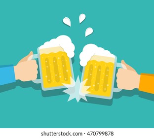 Two hands holding beer glasses. Concept of Beer Festival. Flat vector illustration.