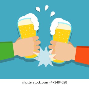 Two hands holding beer glasses. Concept of Beer Festival. Flat vector illustration.