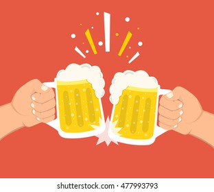 Two hands holding beer glasses. Concept of Beer Festival. Flat vector illustration.