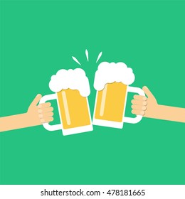 Two hands holding beer glasses, beer glasses clinking. Flat design vector illustration