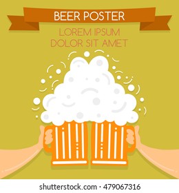 Two hands holding beer glasses, beer glasses foam. Concept for the beer festival/Oktoberfest, etc. Vector illustration