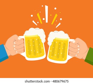 Two hands holding beer glasses. Concept of Beer Festival. Flat vector illustration.