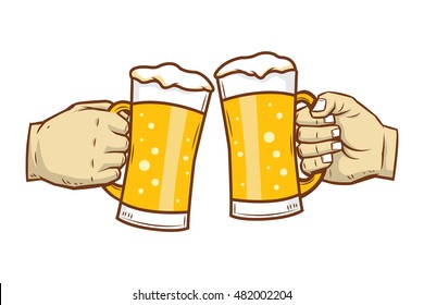 Two hands holding beer glasses mug for web, poster, invitation to party. Isolated on white background.