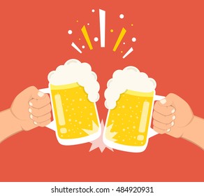 Two hands holding beer glasses. Concept of Beer Festival. Flat vector illustration.