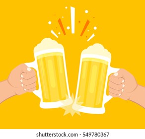 Two hands holding beer glasses. Concept of Beer Festival. Flat vector illustration.