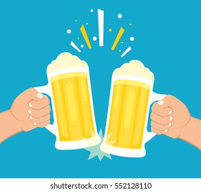 Two hands holding beer glasses. Concept of Beer Festival. Flat vector illustration.
