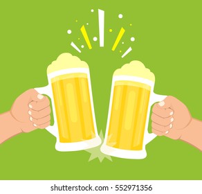 Two hands holding beer glasses. Concept of Beer Festival. Flat vector illustration.