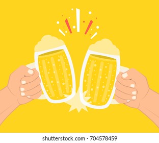 Two hands holding beer glasses. Concept of Beer Festival. Flat cartoon style. Vector illustration.