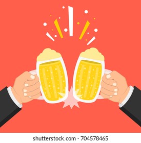 Two hands holding beer glasses. Concept of Beer Festival. Flat cartoon style. Vector illustration.