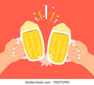 Two hands holding beer glasses. Concept of Beer Festival. Flat cartoon style. Vector illustration.