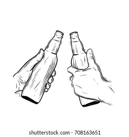 Two hands holding beer glasses with foam. Concept of celebration in pub. Vector illustration in flat design.