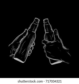 Two hands holding beer glasses with foam. Concept of celebration in pub. Vector illustration in flat design.