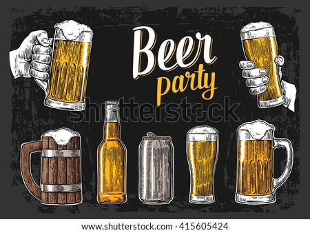 Two hands holding beer glasses mug. Glass, can, bottle. Vintage vector engraving illustration. Isolated on dark background. For bar poster,  invitation to party, web banner, oktoberfest festival