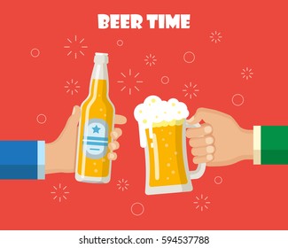 Two hands holding a beer mug and a bottle. Concept of party celebration. Isolated vector illustration flat design.
