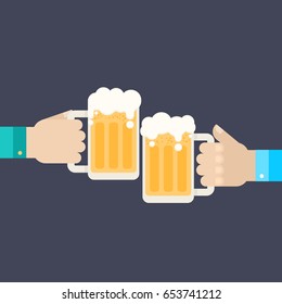 Two hands holding a beer mug on black background. Flat design for web site, mobile app