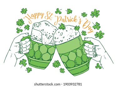 Two hands holding beer mugs, shamrock and title Happy Saint Patrick's Day. Hand drawn vector sketch illustration