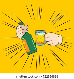 Two hands holding beer. Vector illustrated cartoon festival icon.