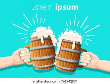 Two hands holding beer in wooden mug with iron rings. Beer Festival. Vector illustration isolated on turquoise. Knocking effect. Website and mobile app