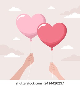 Two hands holding big pink heart balloons on a beige cloudy background. Flat vector illustration