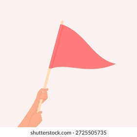 Dos manos sosteniendo una gran bandera triangular roja. Ilustración vectorial plana