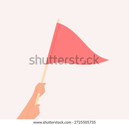 Two hands holding a big red triangular flag. Flat vector illustration