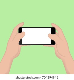 Two hands holding a black smartphone with blank screen on green background. Vector illustration