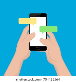 Two hands holding a black smartphone and tapping to send message on blank screen. Vector illustration.