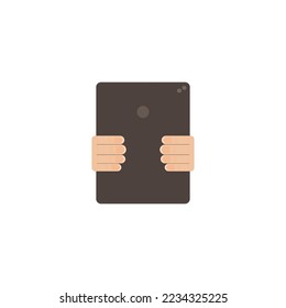 dos manos sujetando una tableta negra y navegando en la web, ilustración vectorial creada en plano