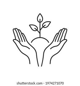 two hands holding black thin line plant with leafs. concept of linear small human palm with ground. lineart peace logotype graphic stroke art sign design web simplicity element isolated on white