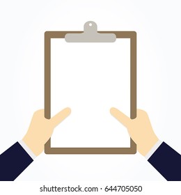 Two hands holding a blank clipboard paper. Vector illustration.