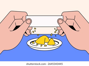 Two hands holding a blank fortune paper above a broken fortune cookie on a white plate cartoon illustration vector for themes related to fortune, prediction, surprise messages