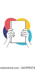 Two hands holding a blank page with colorful circles behind the subject illustrating concepts