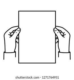 Two hands holding blank paper A4 size. Vector flat outline icon illustration isolated on white background.