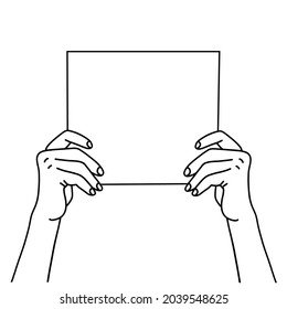 Two hands holding a blank paper sheet. Hand drawn linear Vector illustration of a hands showing blank poster.