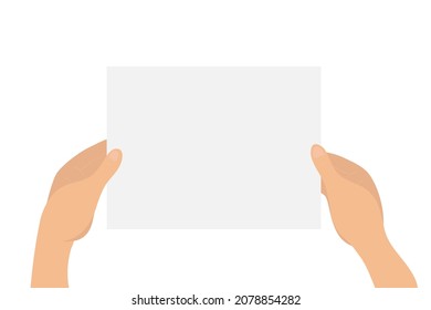 Two hands holding a blank paper page poster or placard. Frame for your text message. Colored vector flat illustration