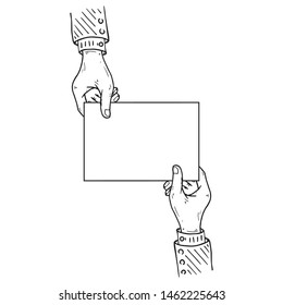 Two hands is holding a blank sheet of paper icon. Vector illustration of a mans hands holding blank paper. Hand drawn blank paper in hands.Sheets of paper are passed from hand to hand.