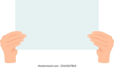 Two hands holding a blank sheet of paper against a clean white background, providing ample space for adding text or graphics, ideal for presentations and advertisements