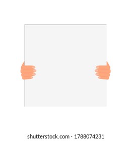 Two hands are holding a blank white poster. Vector illustration, flat design, isolated on white background, eps 10.