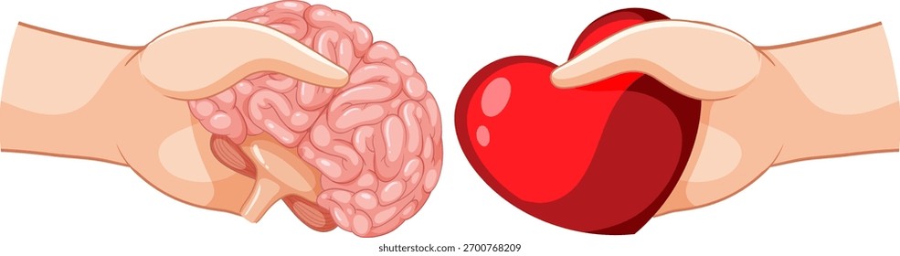 Dos manos que sostienen un cerebro y un corazón, estilo plano del Vector, fondo blanco, colores vibrantes