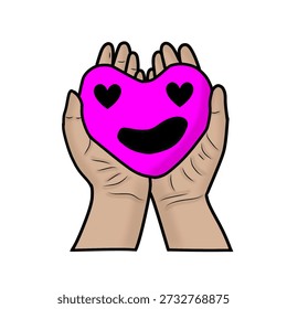 Dos manos sosteniendo un corazón rosa brillante con una cara sonriente y ojos en forma de corazón.