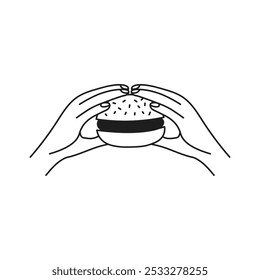 Duas Mãos Segurando O Ícone Da Linha Do Burger. Faça o gesto do cliente com Hamburger. Contornar o símbolo de fast food. Ilustração do vetor de esboço