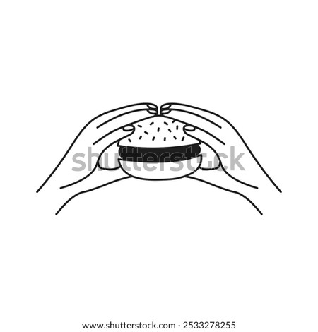 Two Hands Holding Burger Line Icon. Doodle Customer Gesture with Hamburger. Outline fast food symbol. Sketch vector illustration