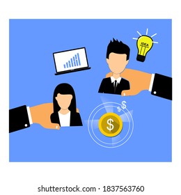 Two Hands Holding Business Men And Women And Laptops, Light Bulbs And Coins Around It