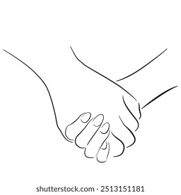 Two hands holding by hands. Doodle black sketch ink line.