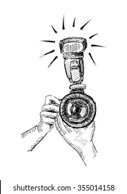 Two Hands Holding a Camera. Hand drawn illustration.