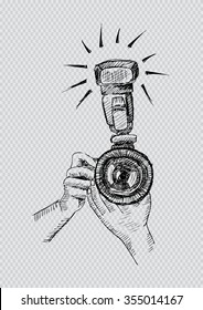 Two Hands Holding a Camera. Hand drawn illustration.
